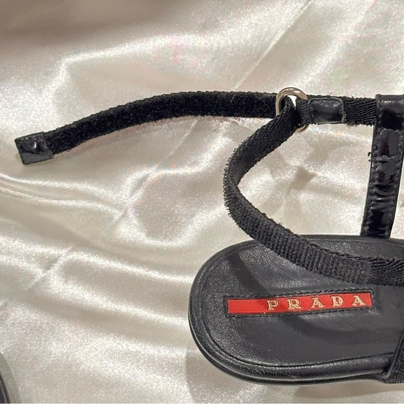 Prada Sport T Strap Sandals Leather Floral Kitten Heels Black Size 6 Vintage Y2K - Picture 10 of 13